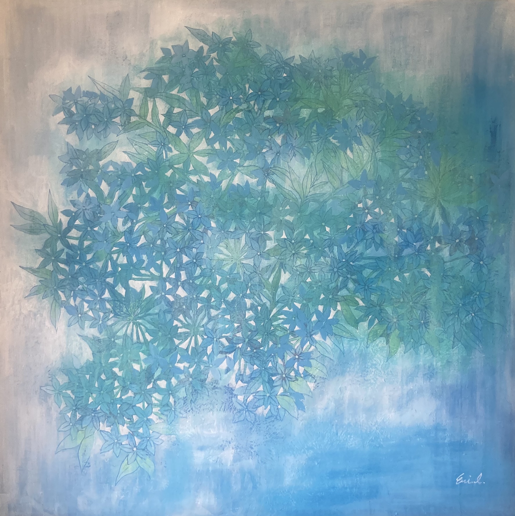 森と水の絵画 瑠璃茉莉　s50　飯塚　日本画